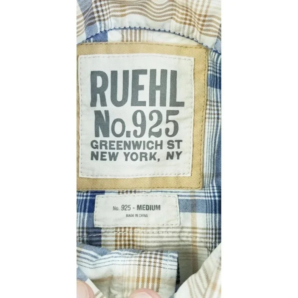 Ruehl No. 925 Size Medium Men's Vanilla Tan Gray Plaid Western Pearl Snap Shirt - Picture 4 of 10